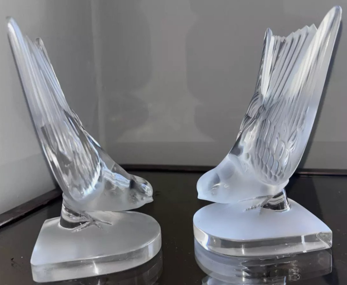 LALIQUE France.   Paire De Serre-livres Hirondelles En Cristal moulé et satiné   -photo-4
