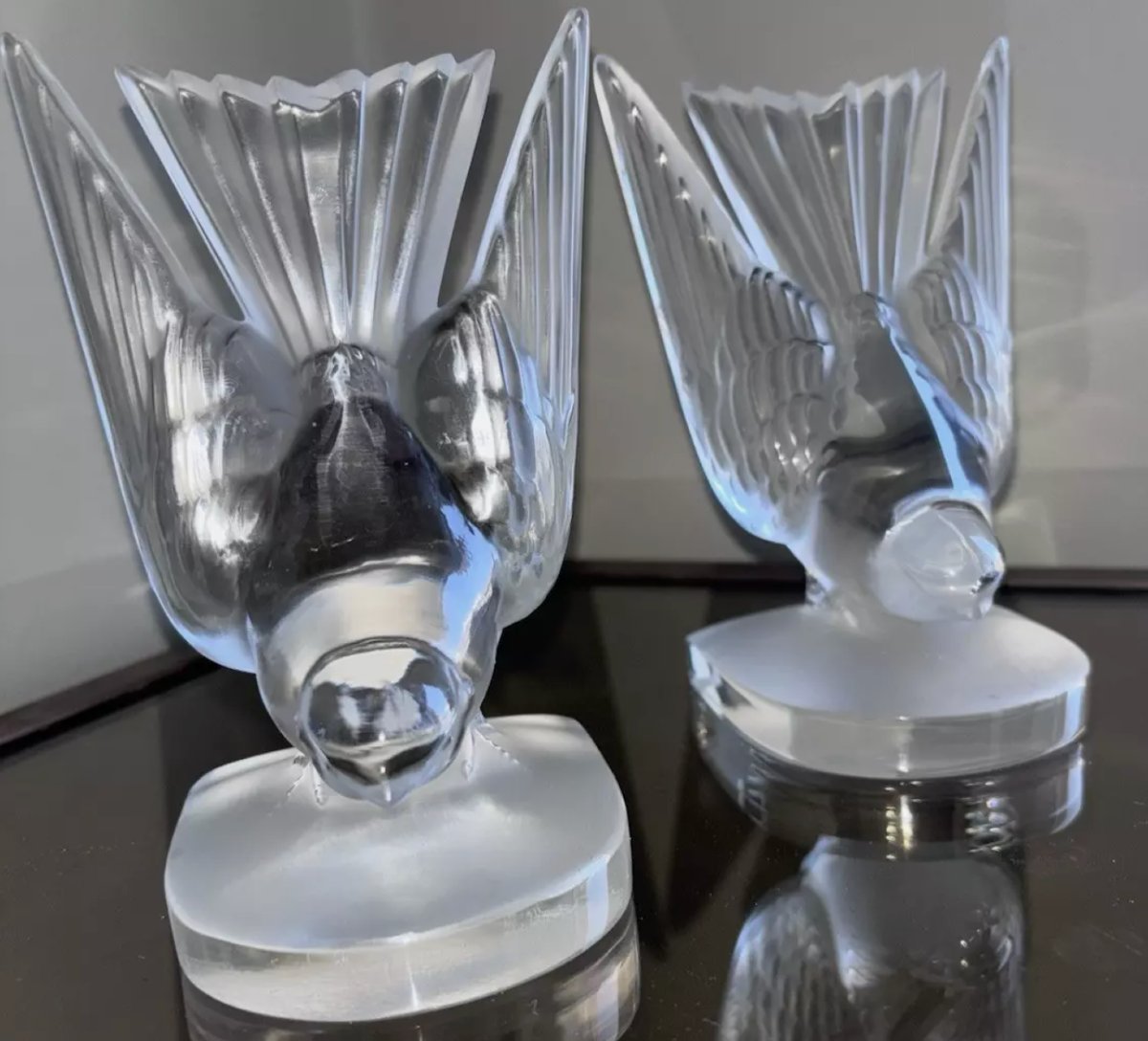 LALIQUE France.   Paire De Serre-livres Hirondelles En Cristal moulé et satiné   -photo-7