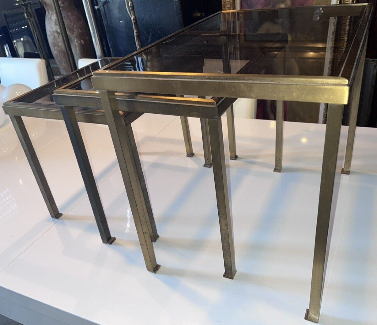 Maison Ramsay Nesting Tables In Golden And Brushed Brass And Smoked Glass-photo-2