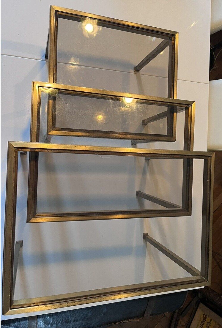 Maison Ramsay Nesting Tables In Golden And Brushed Brass And Smoked Glass-photo-5