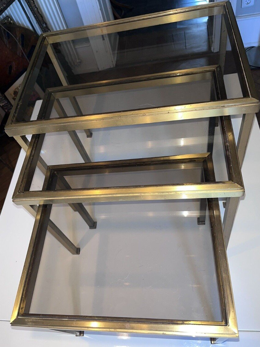 Maison Ramsay Nesting Tables In Golden And Brushed Brass And Smoked Glass-photo-1
