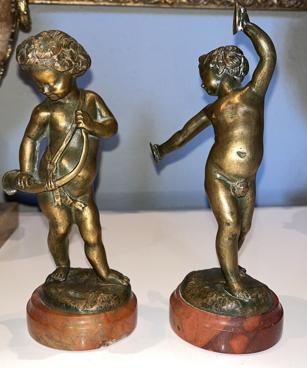 CLODION (1738-1814) Couple De Musiciens En Bronze Sur Marbre Signés à La Base