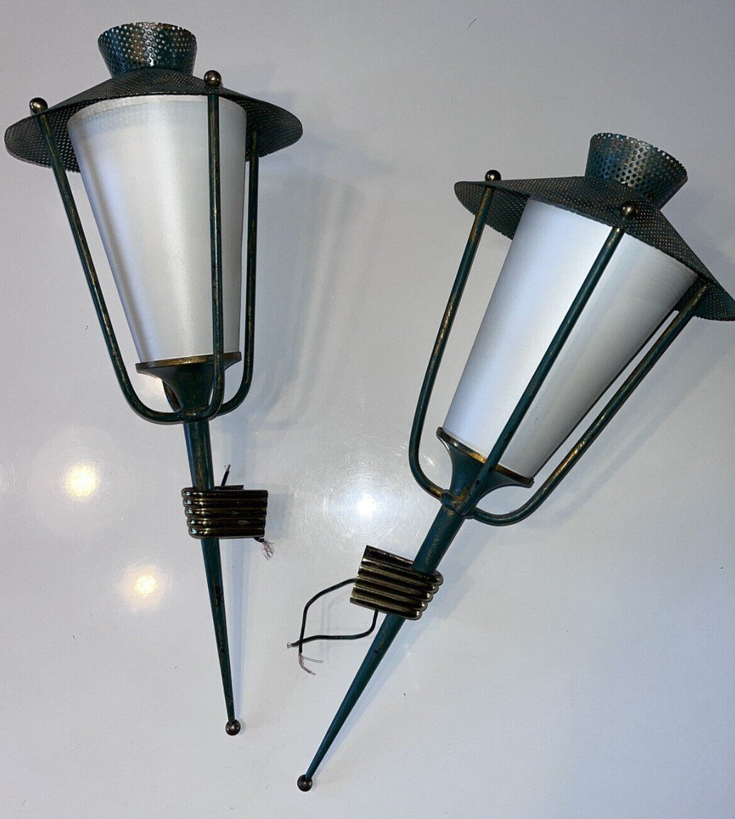 Arlus & Mategot Pair Of Lantern Sconces From The 1950s H 45cm