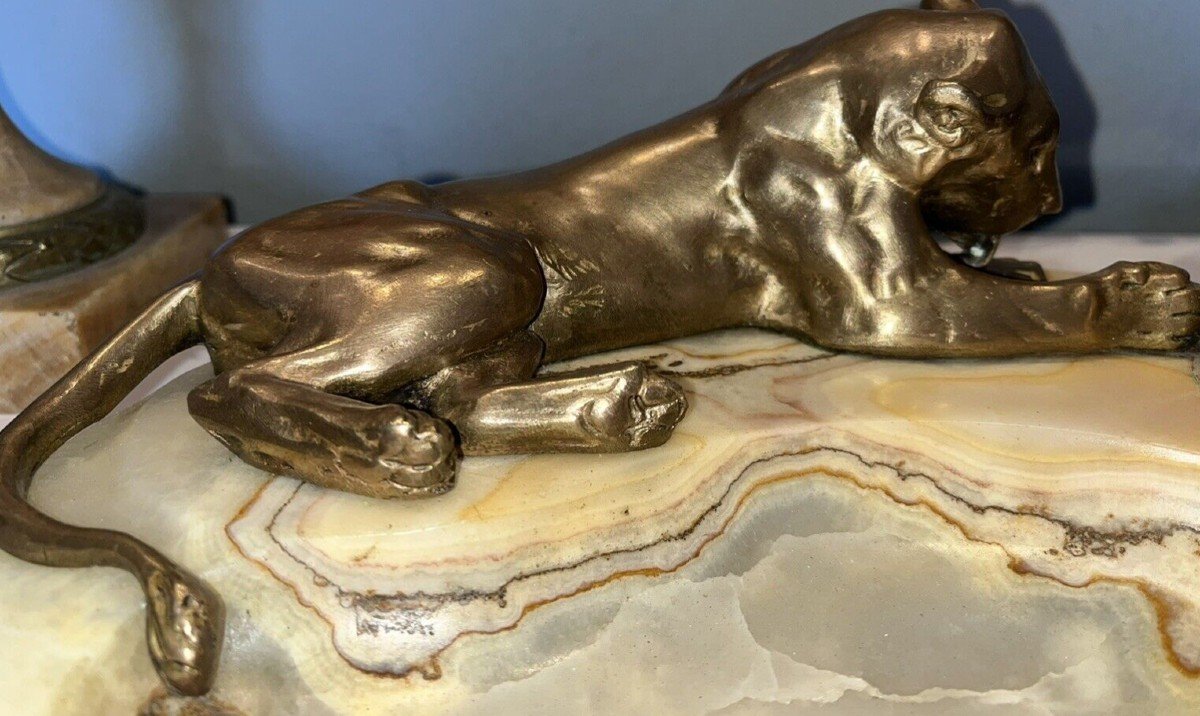 Georges Guyot (paris 1885-1973) "lioness At La Toilette" Bronze/marble Writing Desk Signed-photo-4