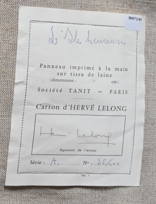 Hervé LELONG (1937) "l'île Heureuse", Panneau Imprimé à La Main Sur Tissu Laine-photo-2
