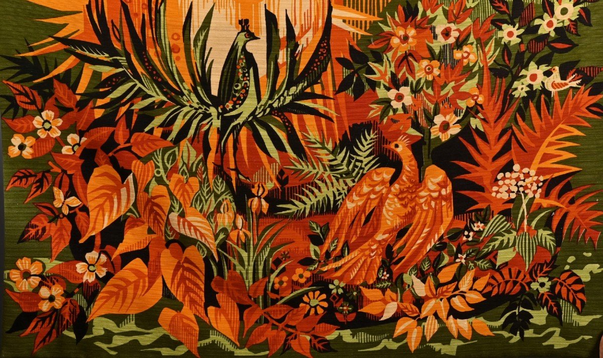 Hervé LELONG (1937) "l'île Heureuse", Panneau Imprimé à La Main Sur Tissu Laine