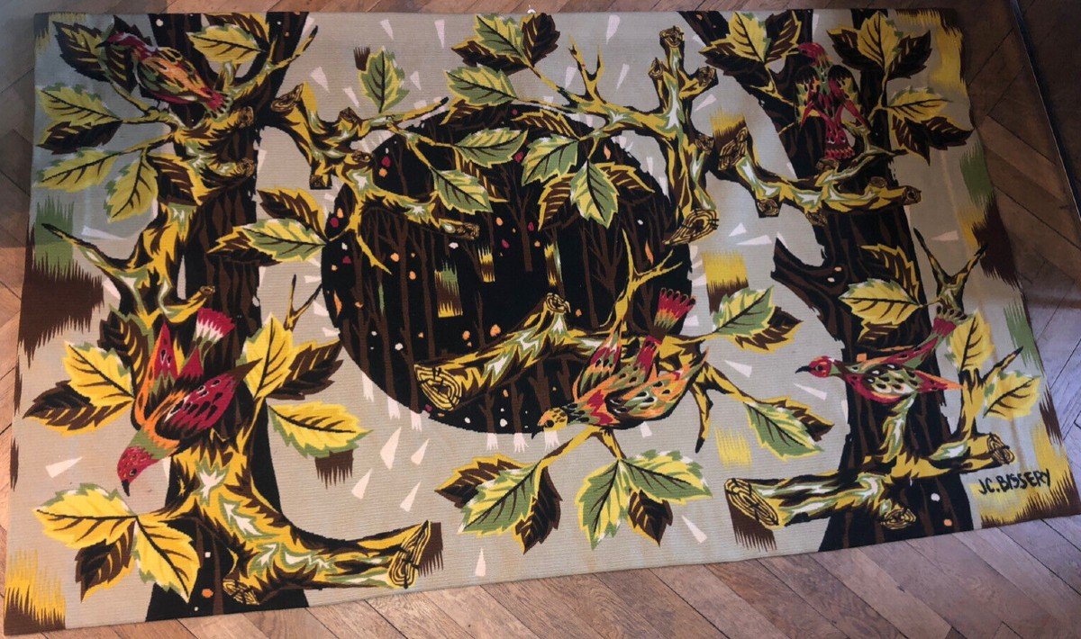 Jean Claude Bissery (20th). Birds In Autumn. Signed Tapestry. 106 X 178-photo-2