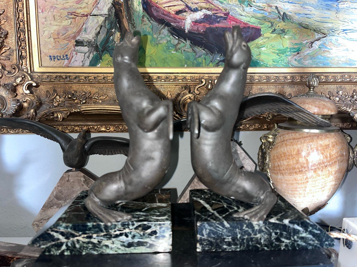 Louis-albert Carvin (1875-1951) Sea Lions Pair Of Large Bookends In Regulates Signed-photo-4