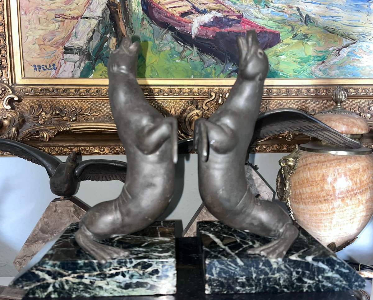Louis-albert Carvin (1875-1951) Sea Lions Pair Of Large Bookends In Regulates Signed