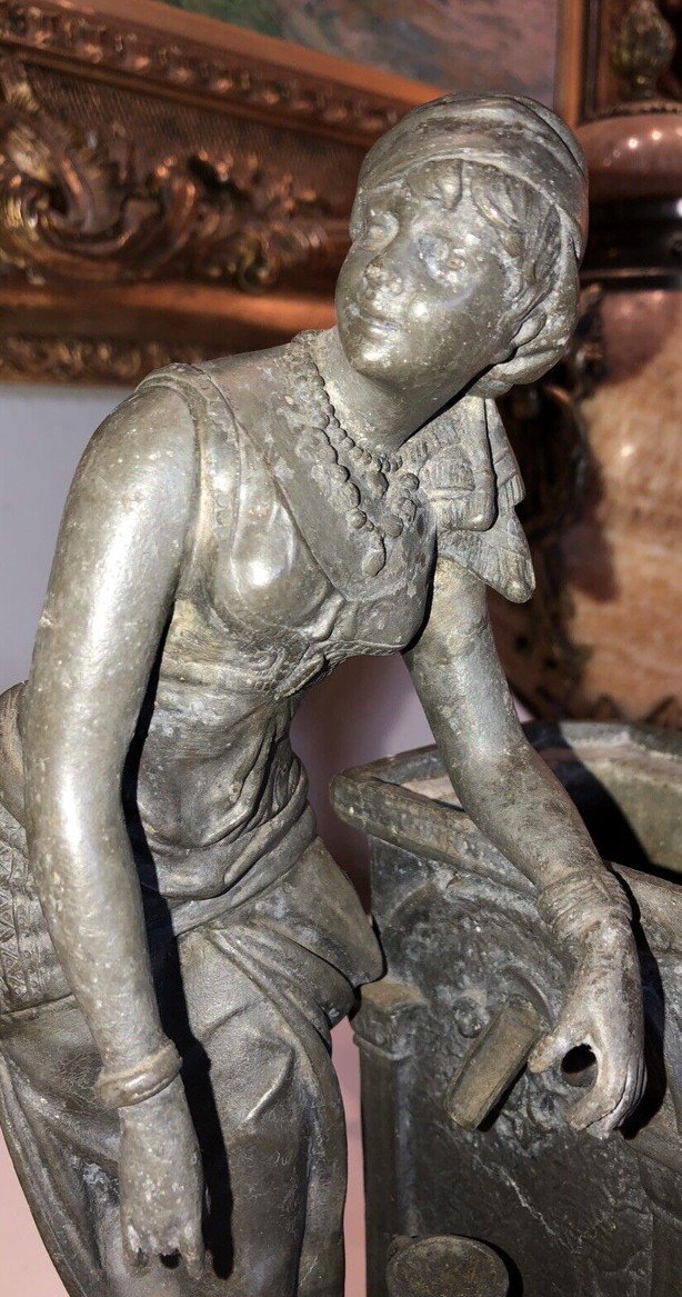 Louis HOTTOT (1834-1905). Sculpture Art Nouveau "femme Orientale à La Fontaine"   Signé -photo-8
