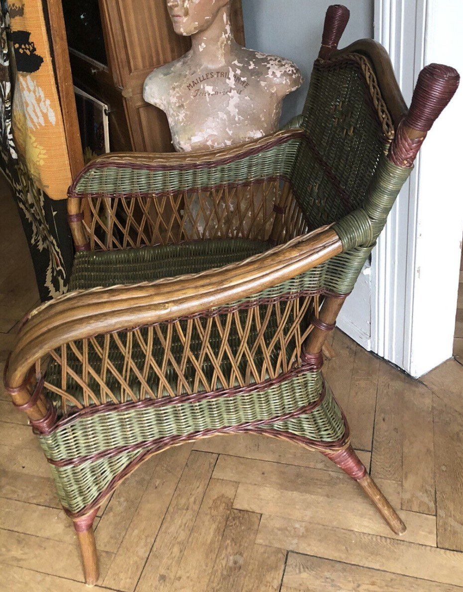 Old Pair Of Armchairs + Magazine Rack In Rattan And Polychrome Bamboo-photo-3