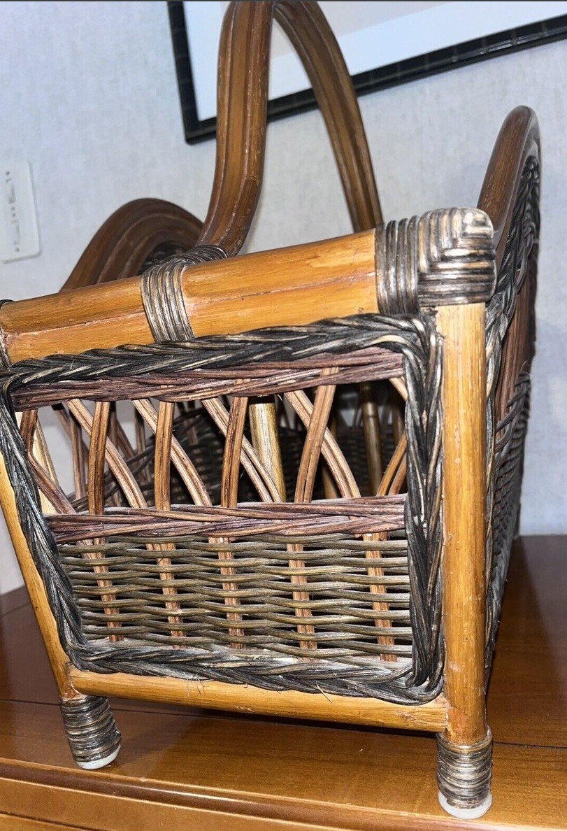 Old Pair Of Armchairs + Magazine Rack In Rattan And Polychrome Bamboo-photo-1