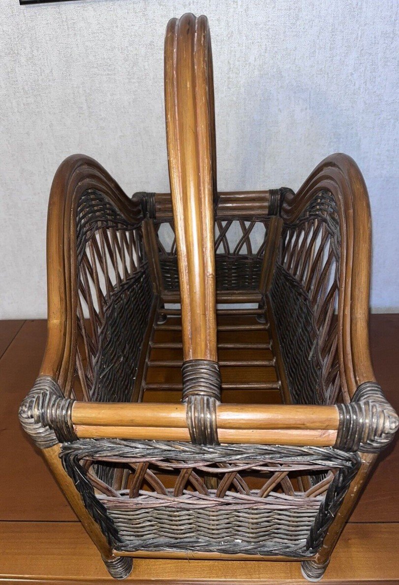 Old Pair Of Armchairs + Magazine Rack In Rattan And Polychrome Bamboo-photo-2