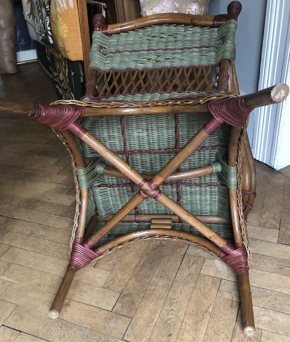 Old Pair Of Armchairs + Magazine Rack In Rattan And Polychrome Bamboo-photo-4