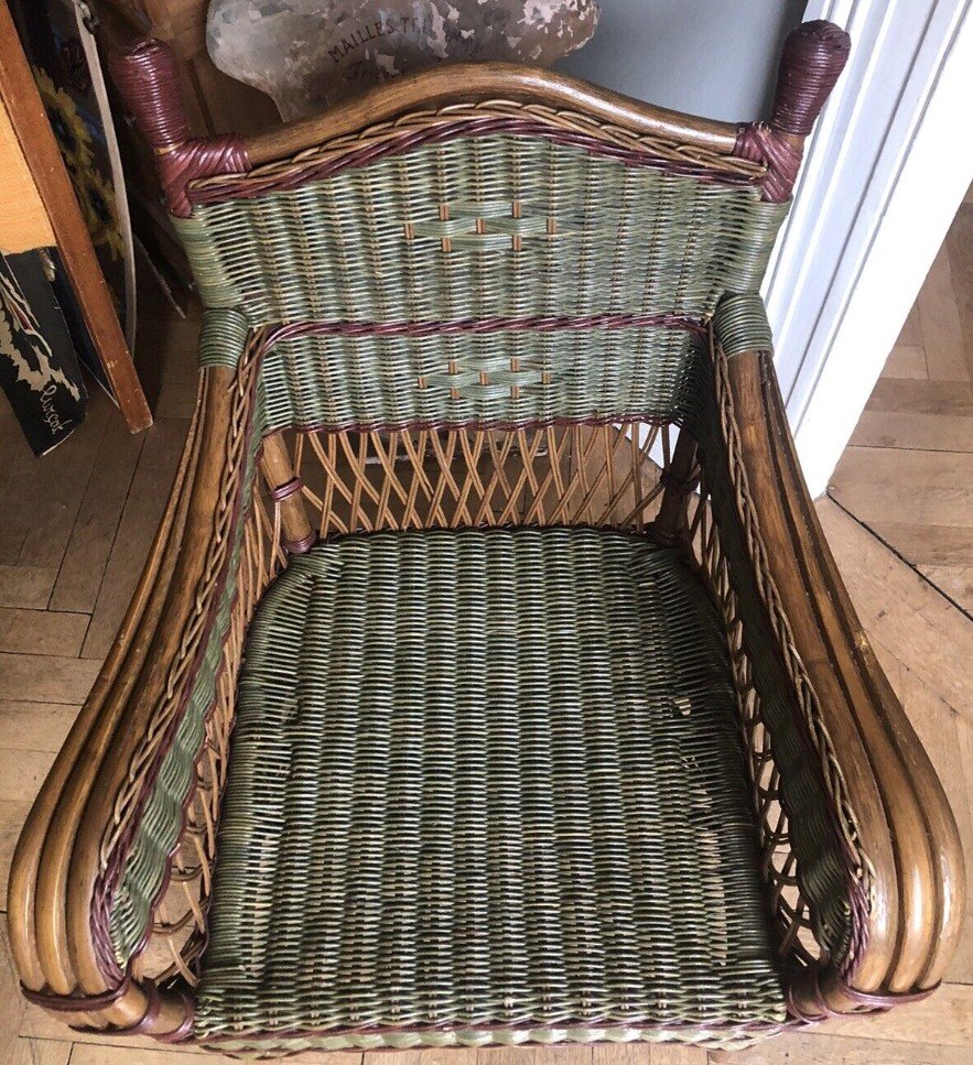 Old Pair Of Armchairs + Magazine Rack In Rattan And Polychrome Bamboo-photo-5