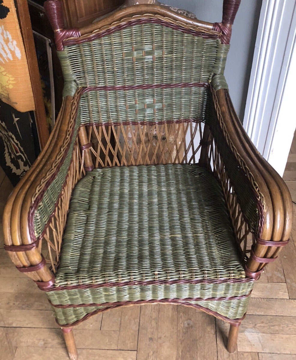 Old Pair Of Armchairs + Magazine Rack In Rattan And Polychrome Bamboo