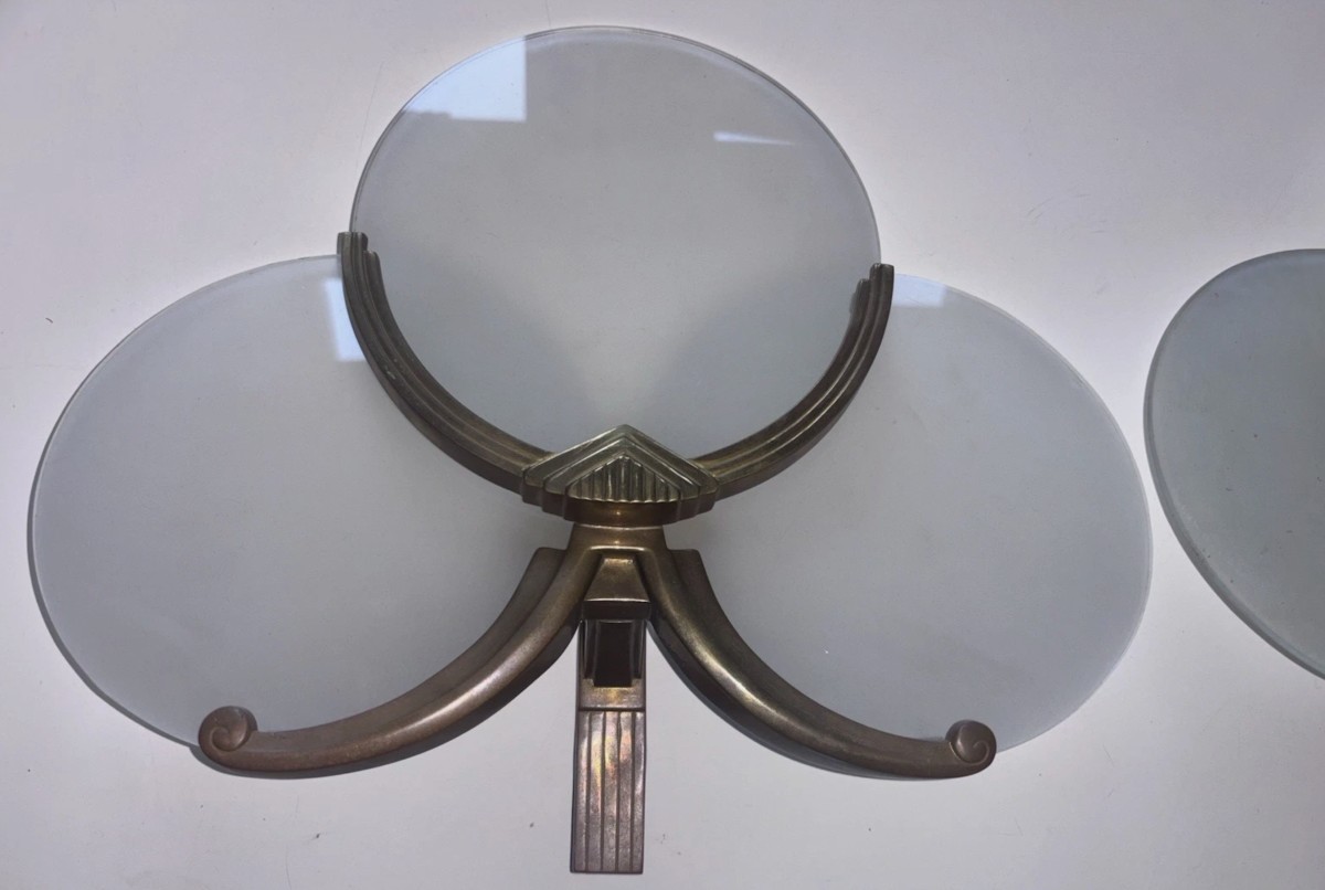 Pair Of Art Deco Wall Lights In Metal And Three Glass Plates (perzel Style)-photo-2