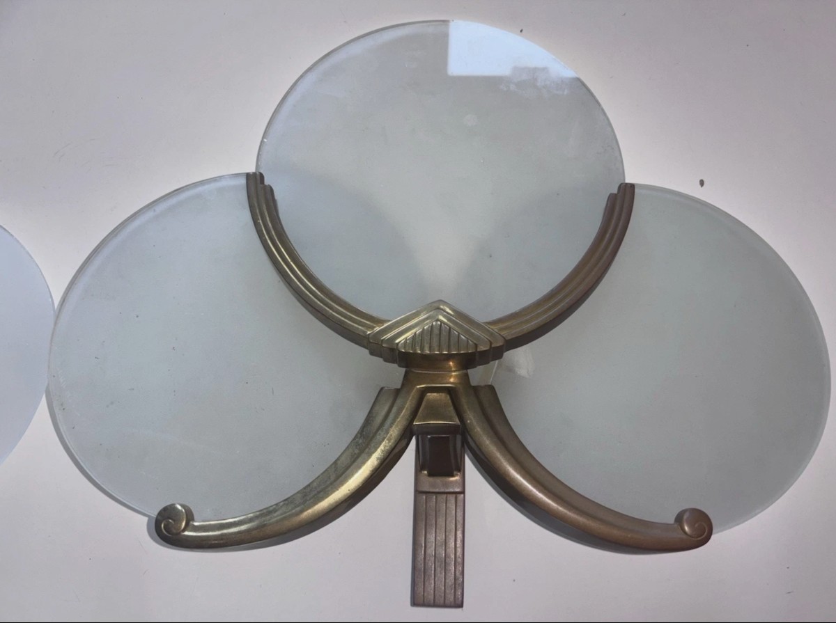 Pair Of Art Deco Wall Lights In Metal And Three Glass Plates (perzel Style)-photo-3