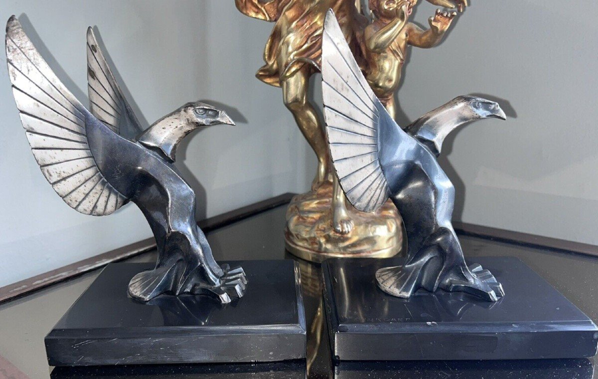 Bourcart (20th Century) Art Deco Bookends, Chimeras In Bronze On Marble, Signed-photo-4