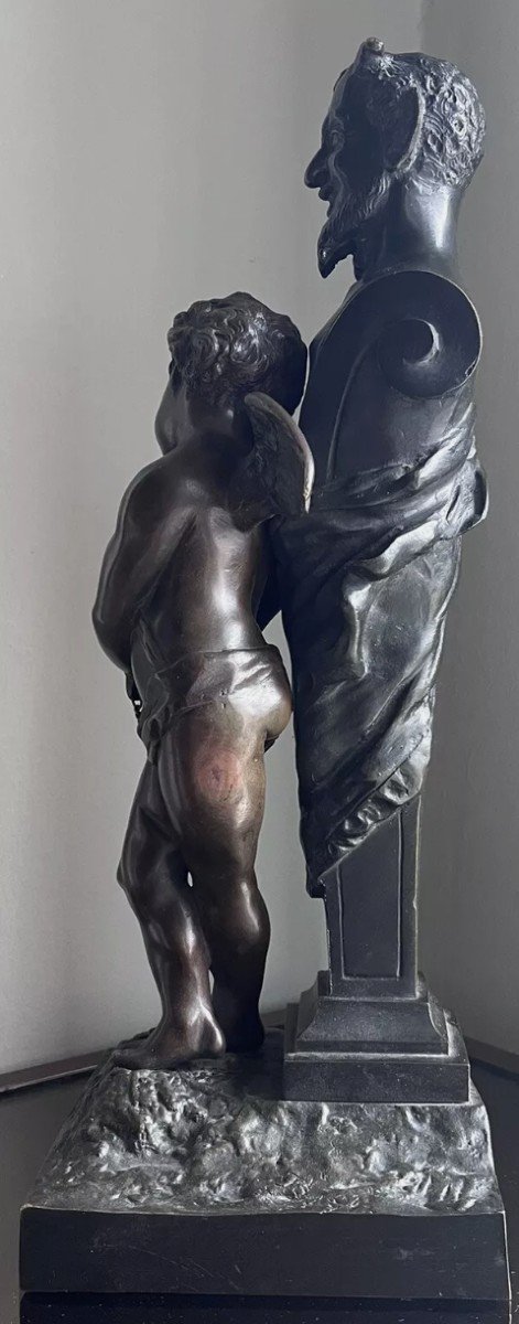 Edouard Drouot (1859-1945). Large Bronze Signed Satyr & Angel "chained Love"-photo-1