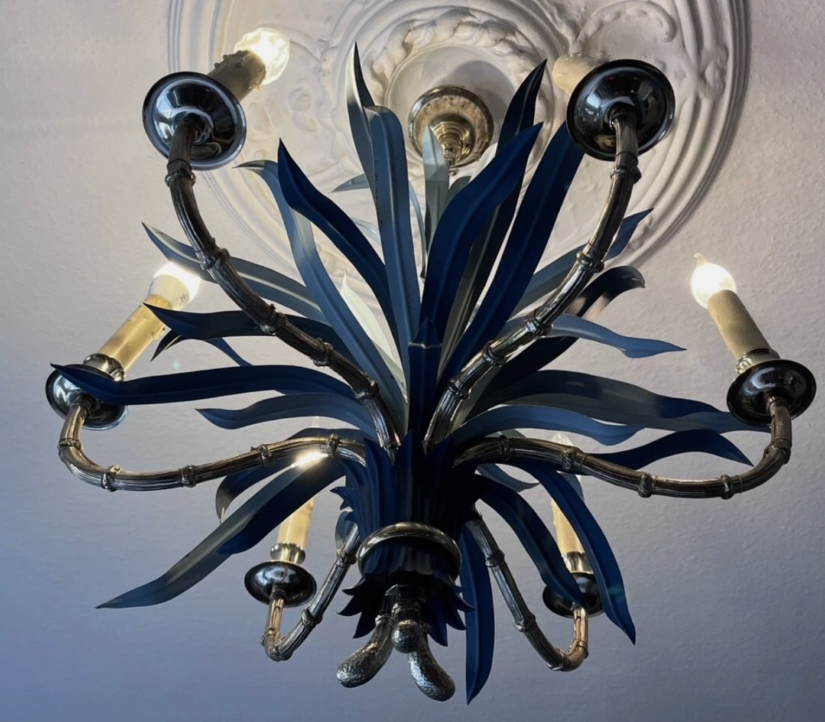 Maison Bagues 6-light Bamboo-shaped Polychrome Metal, Brass And Bronze Chandelier-photo-3