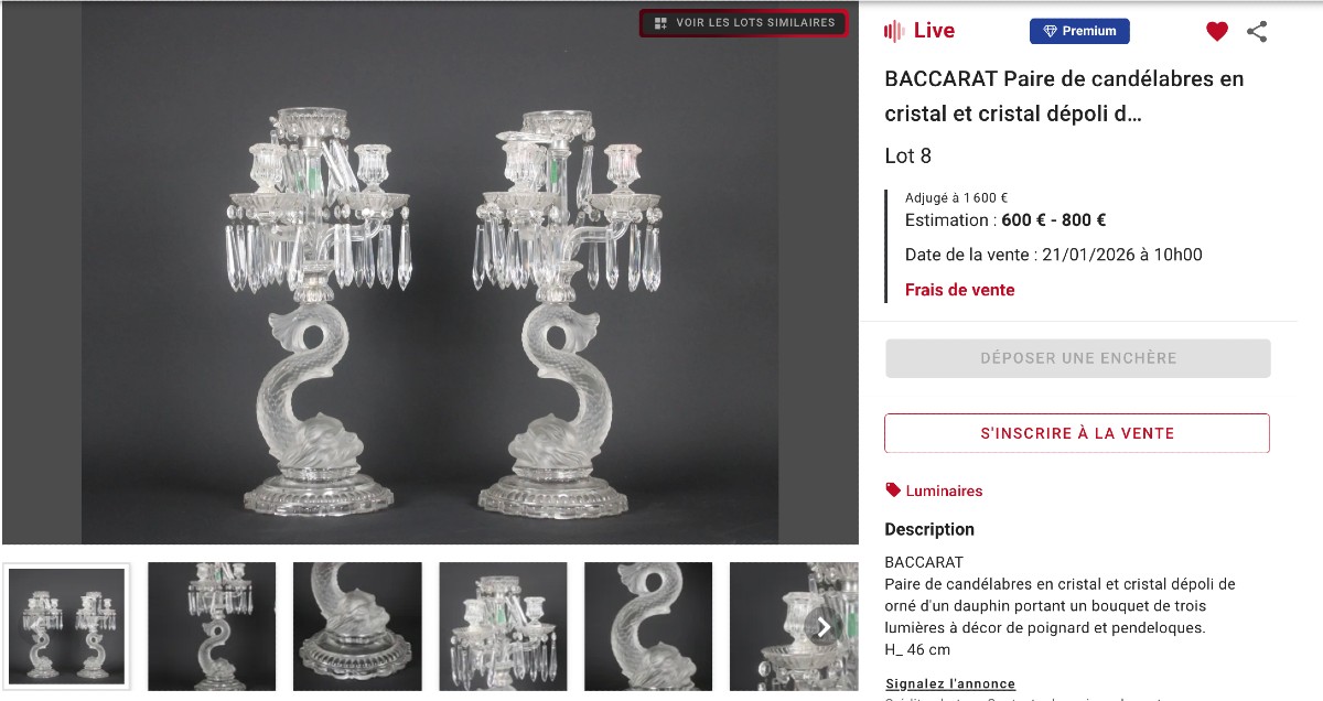 Large Three-light Dolphin Candlestick, Attributed To Baccarat H53cm-photo-4