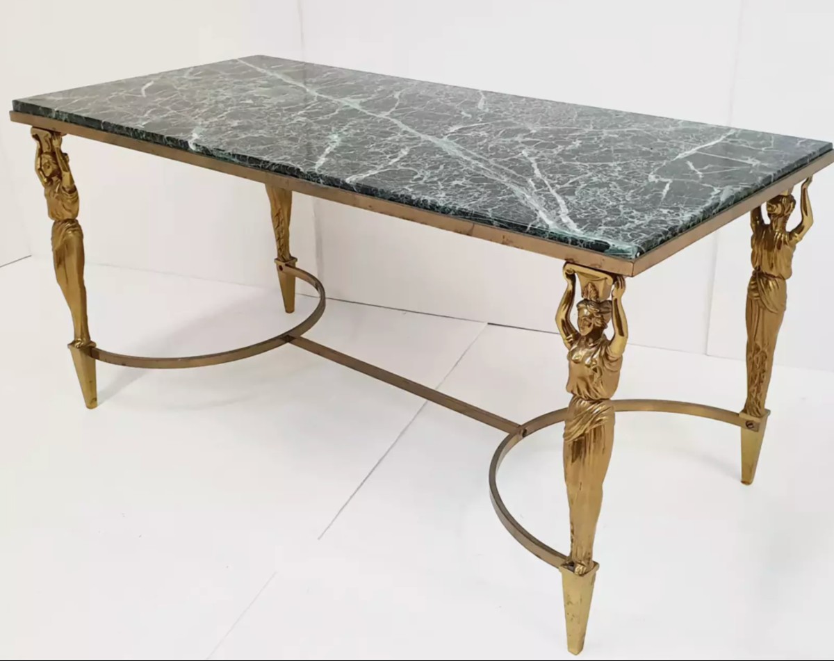 Maison Jansen Coffee Table In Bronze And Gilded Brass, Caryatids And Marble-photo-4