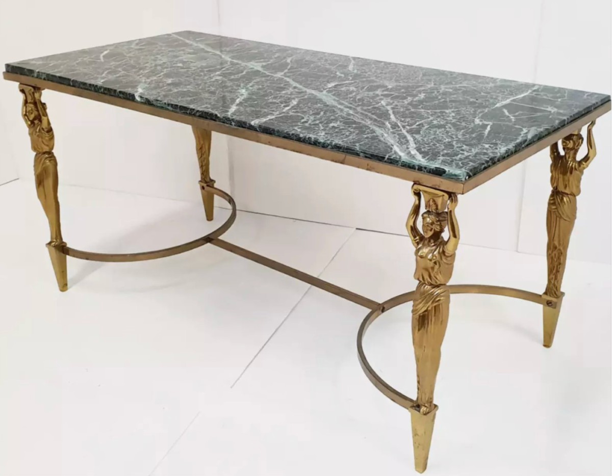 Maison Jansen Coffee Table In Bronze And Gilded Brass, Caryatids And Marble
