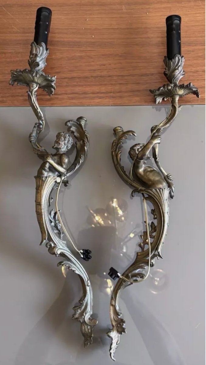 Grandes Appliques XIXème En Bronze A Décor De Faunes/satyres H Total 60cm-photo-2