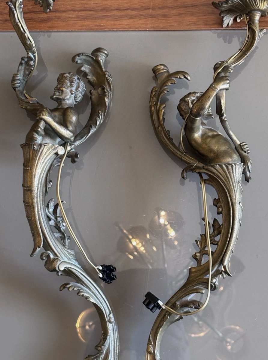 Grandes Appliques XIXème En Bronze A Décor De Faunes/satyres H Total 60cm-photo-3
