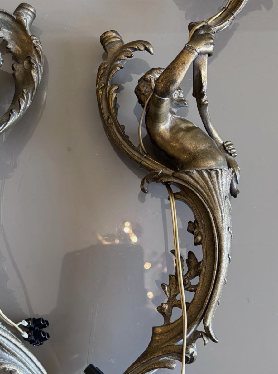 Grandes Appliques XIXème En Bronze A Décor De Faunes/satyres H Total 60cm-photo-4