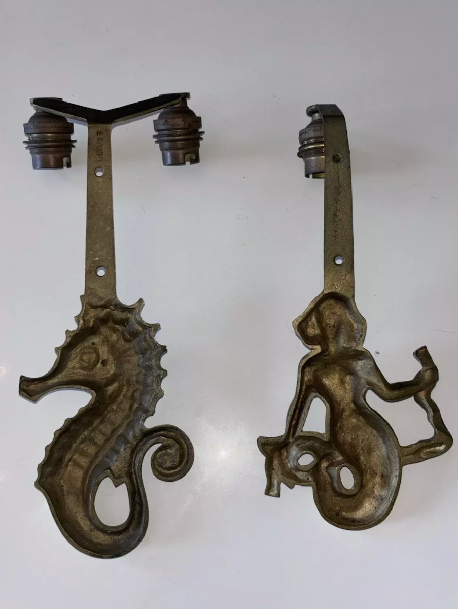E. GUILLEMARD  Deux Appliques Art Déco En Bronze Doré Signées-photo-2