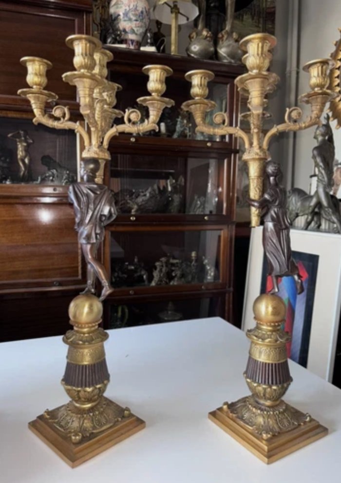 Candélabres En Bronze à Double Patine, Cinq Flambeaux Style Empire. H 62cm-photo-2