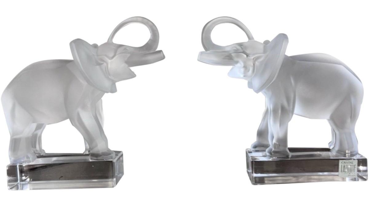 Lalique  Pair Of Elephant Bookends In Molded And Satin-finished Crystal.