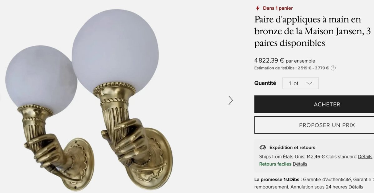 Maison JANSEN Paire d'appliques en bronze et verre, mains de nubiens et des cornes d’abondance-photo-2