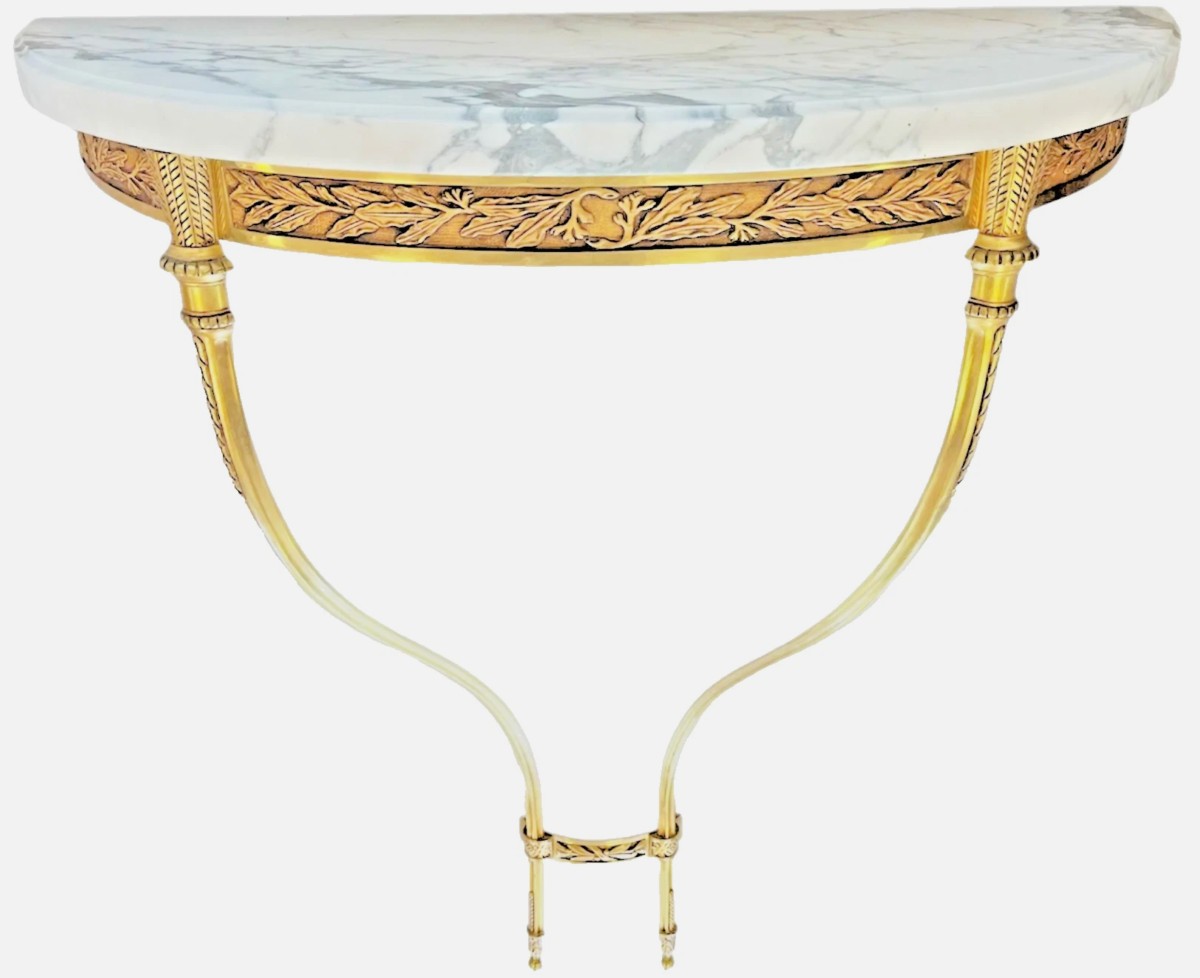 Louis XVI Style Floating Half-moon Wall Console, Gilded Brass And Marble Top.