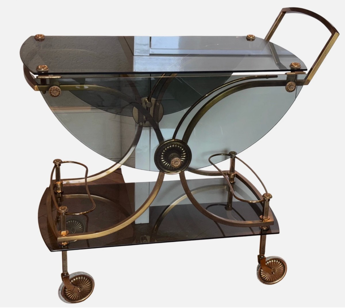 Maison Jansen Trolley (rolling Bar) In Smoked Glass, Brass And Gilded And Chiseled Bronze