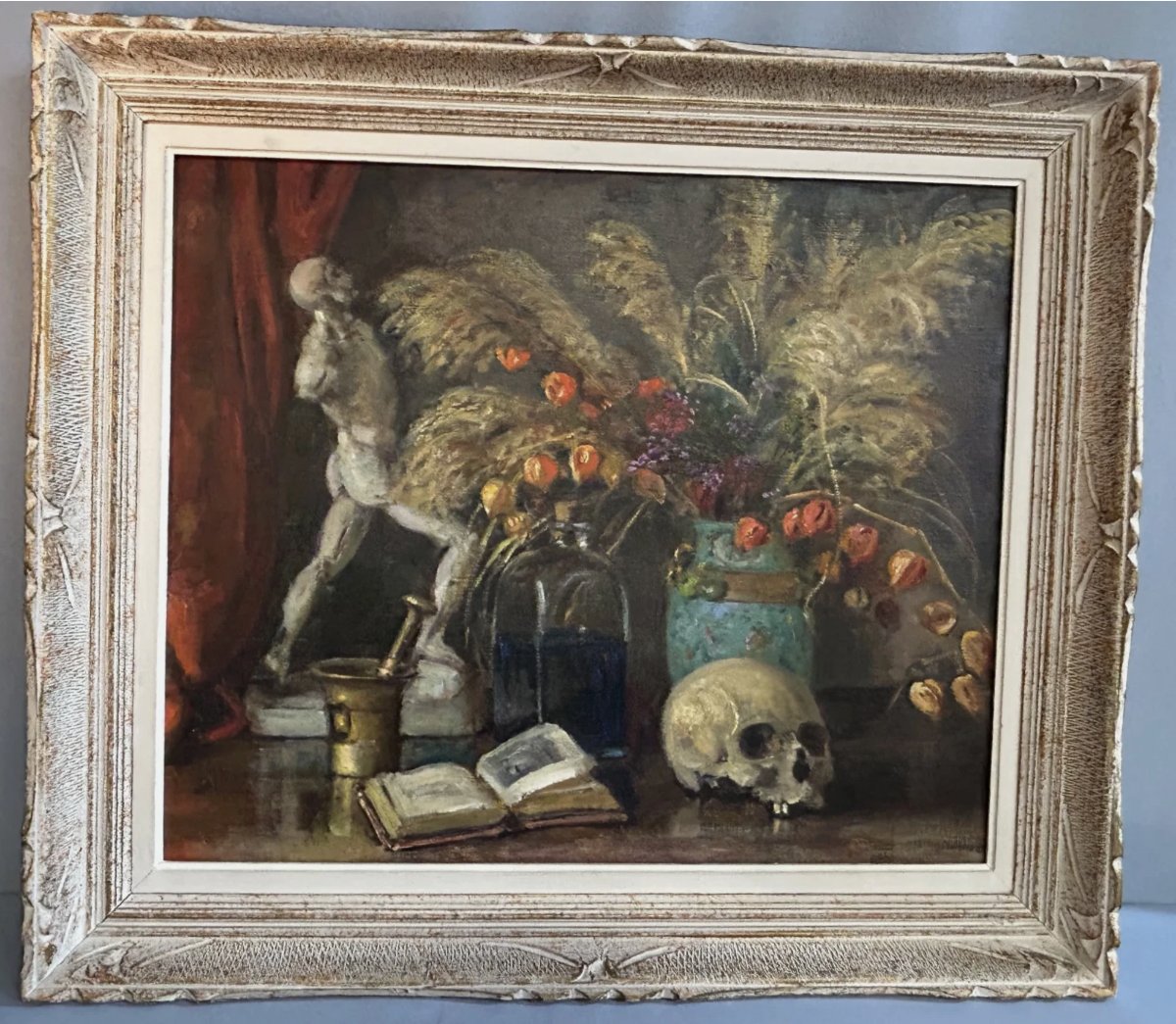Roger MASSON (1890-1950) Huile sur toile, nature morte, cabinet de curiosités, Écorché, Vanité-photo-3