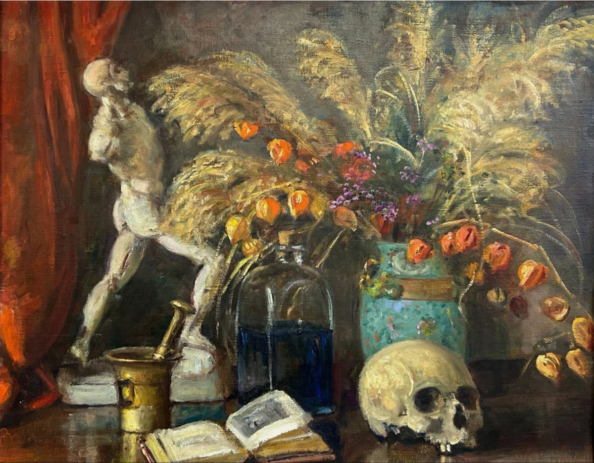Roger MASSON (1890-1950) Huile sur toile, nature morte, cabinet de curiosités, Écorché, Vanité