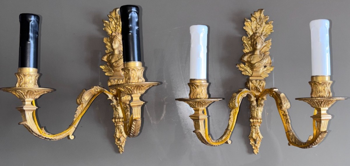 19th Century Pair Of Sconces With Roman Emperors, In Gilded And Chiseled Bronze-photo-4