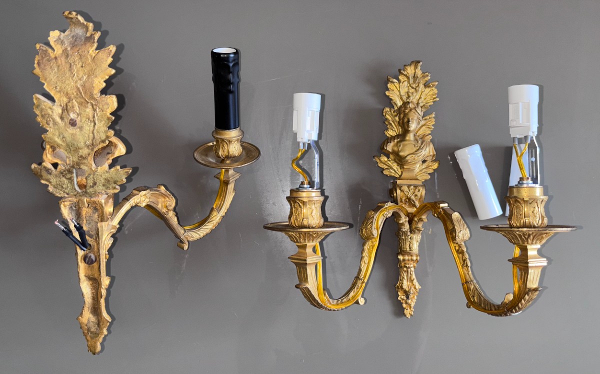 19th Century Pair Of Sconces With Roman Emperors, In Gilded And Chiseled Bronze-photo-4