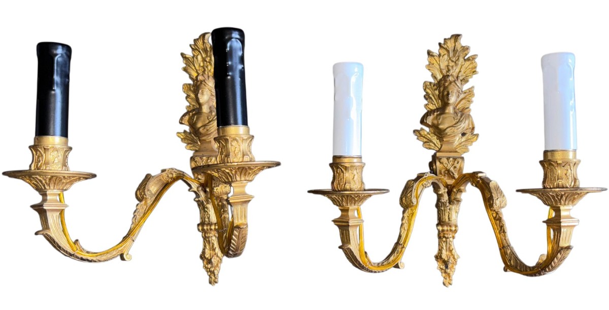19th Century Pair Of Sconces With Roman Emperors, In Gilded And Chiseled Bronze