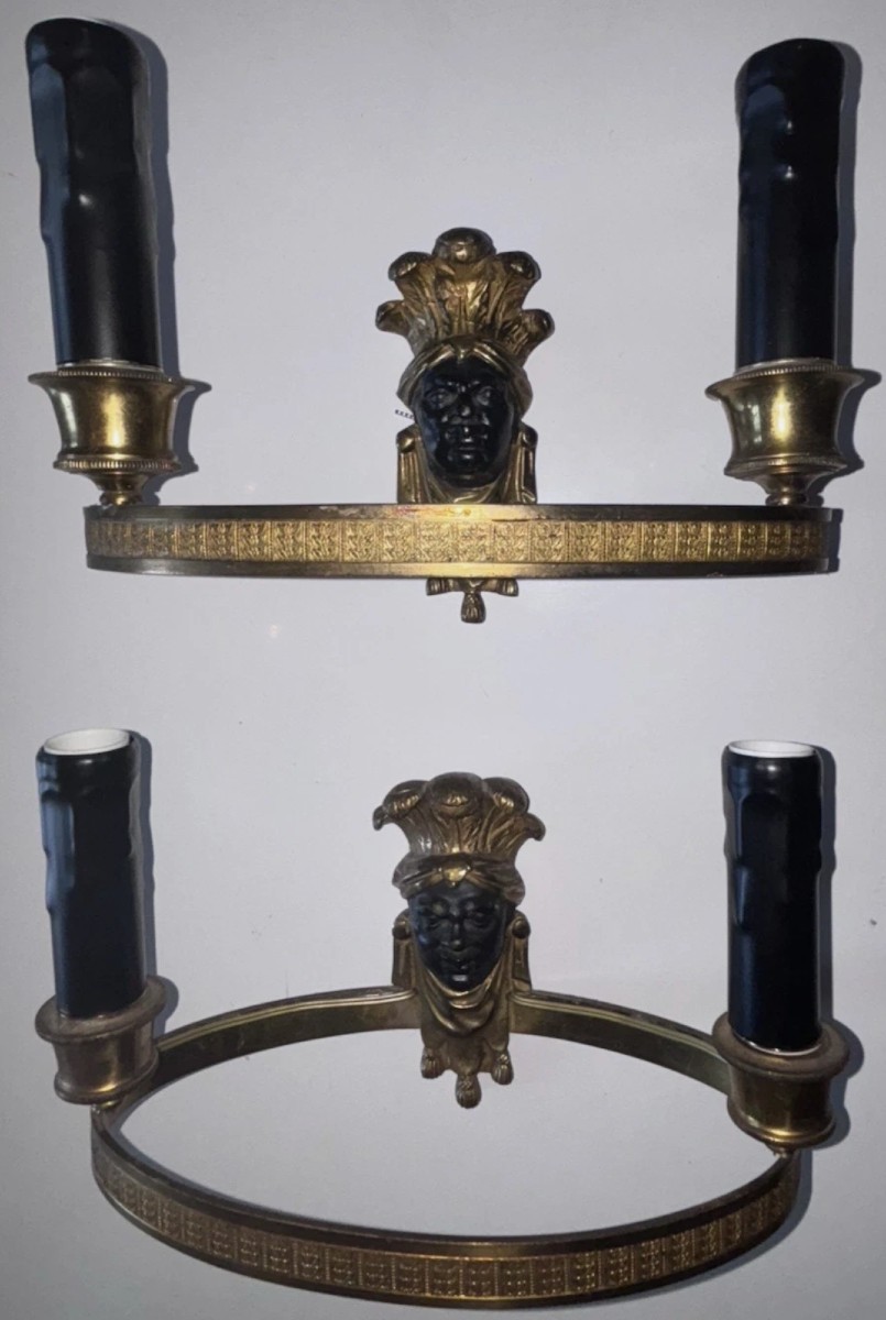 Maison BAGUES, Appliques Aux Indiens en bronze doré et patiné