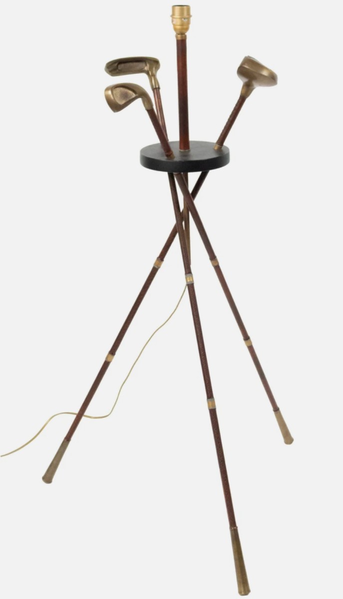 ADNET Jacques. ( attribué à )  Lampadaire golf du milieu du siècle en cuir et laiton