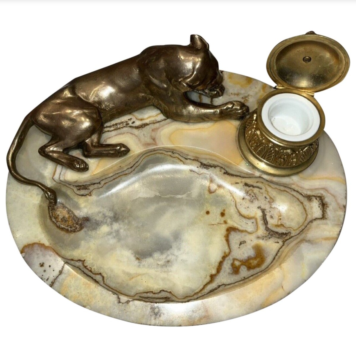 Georges Guyot (paris 1885-1973) "lioness At The Toilet" Writing Desk Bronze/marble Signed -photo-2