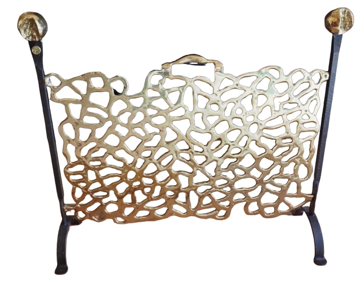 David MARSHALL Pare-feu en bronze doré et fonte, à décor stylisé ajouré Signé