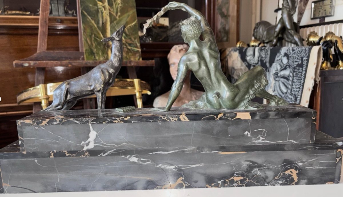 Bouraine Marcel (1886-1948) Art Deco Bronze Group With Satyr Or Faun Signed-photo-3