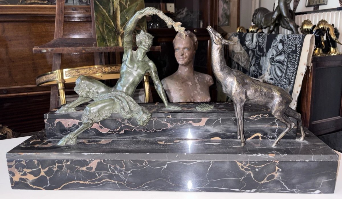 Bouraine Marcel (1886-1948) Art Deco Bronze Group With Satyr Or Faun Signed-photo-3
