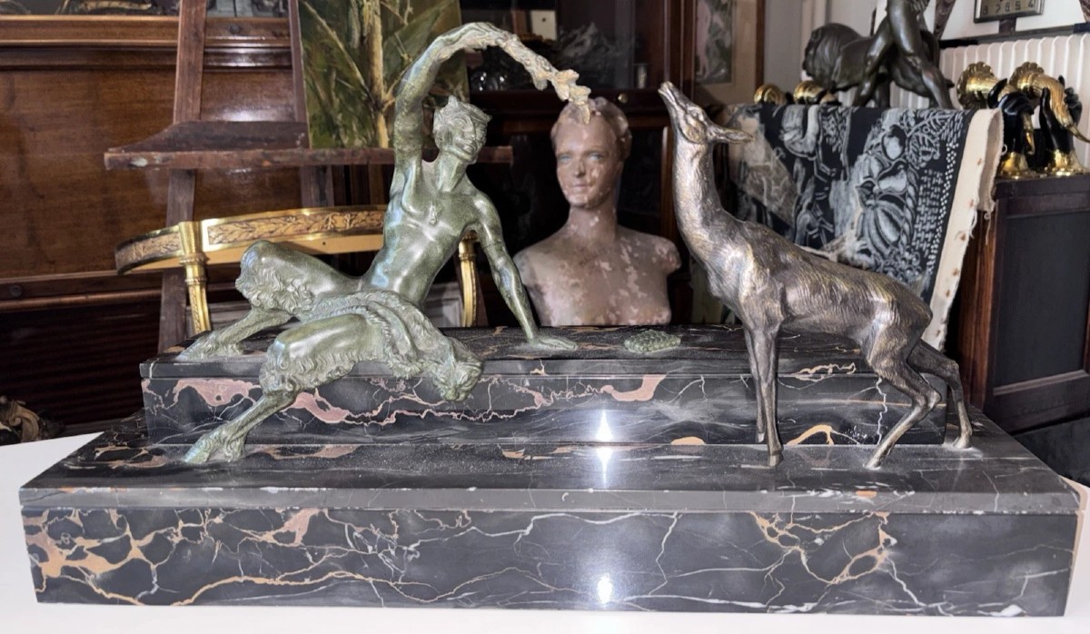 Bouraine Marcel (1886-1948) Art Deco Bronze Group With Satyr Or Faun Signed
