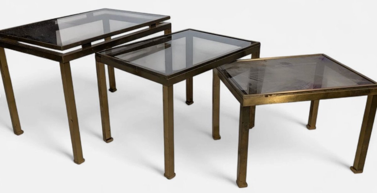 Maison Jansen & Guy Lefevre Rectangular Nesting Tables, Gilded Brass And Glass-photo-4